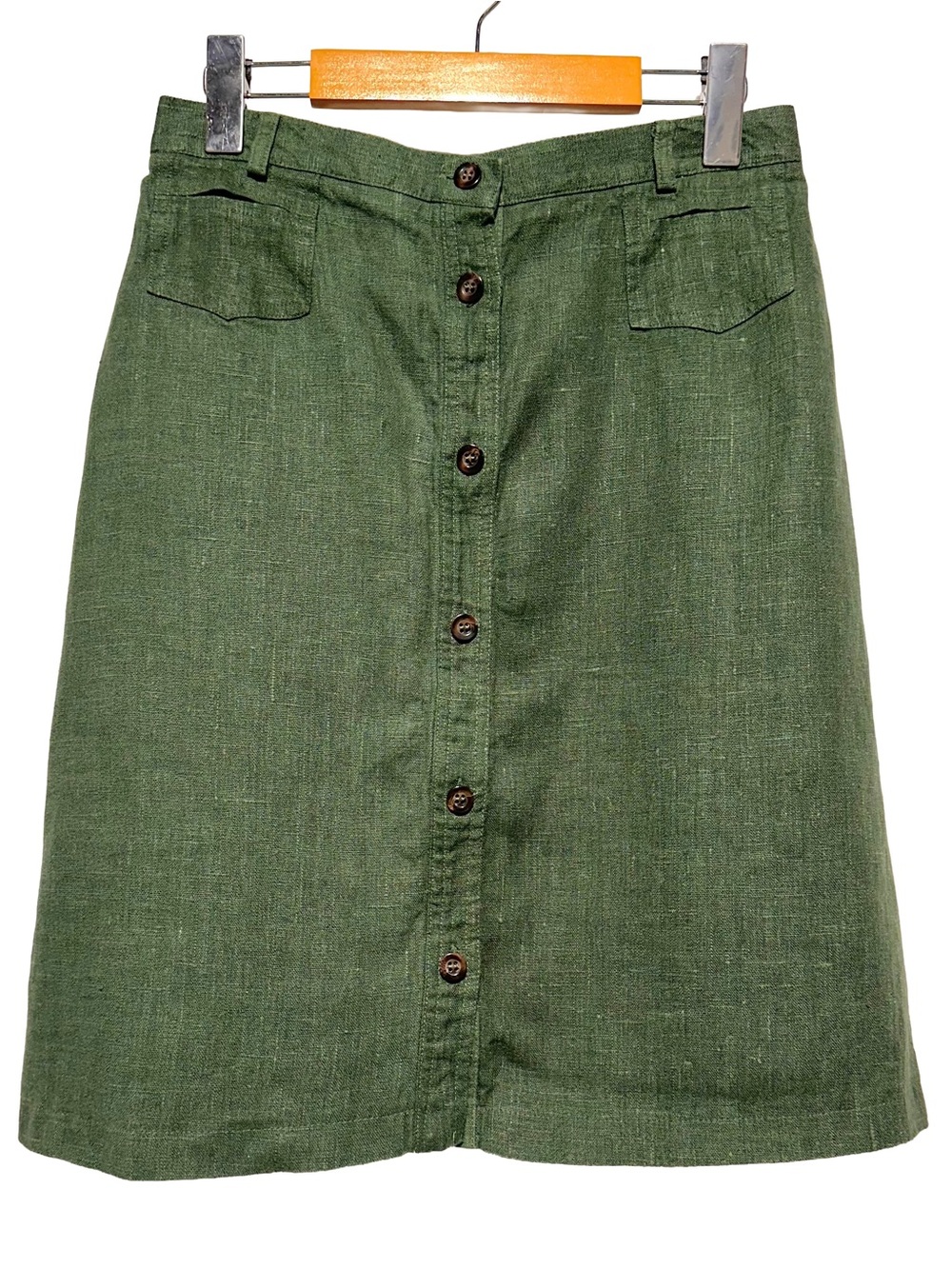 Harve Benard 100% Linen Button Front Midi Skirt Olive Green Utility Size 10